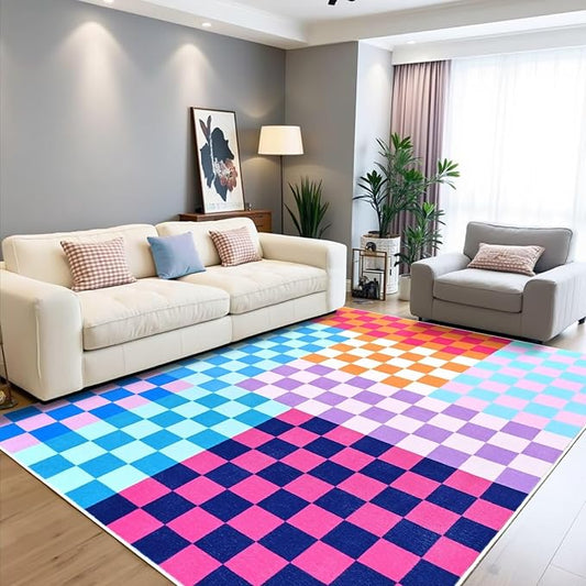 Terrug Multicolored Checkered Rug for Living Room Bedroom, 6x9 Soft Washable Area Rug with Non Slip, Low Pile Stain Resistance Carpet for Kids Room Entryway Kitchen Dorm