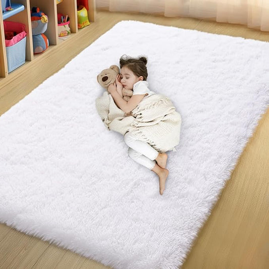 White Area Rugs for Bedroom, 4x6 Fluffy Soft Shag Rugs for Living Room, Small Fuzzy Plush Shaggy Carpets for Boys and Girls Dorm Room Home Decor (4ft x 6ft, White)