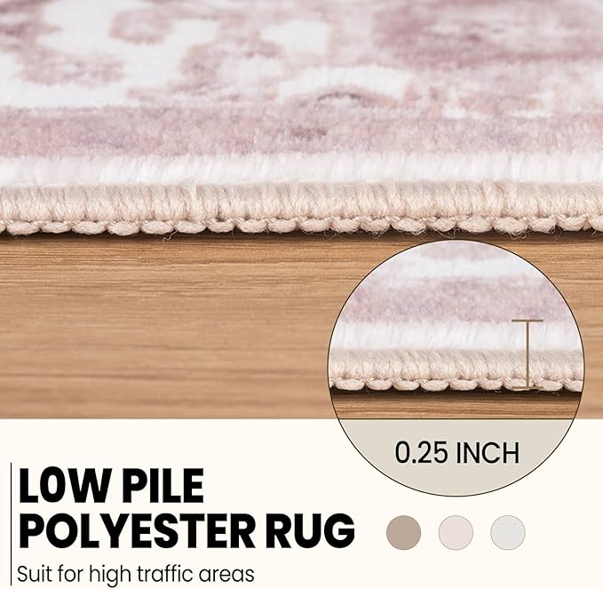 Washable 6x9 Area Rugs, Rugs for Living Room, Low-Pile Water&Stain Resistant Carpet Vintage Distressed Printed Non-Slip Carpet for Bedroom Bathroom Kitchen-Pink