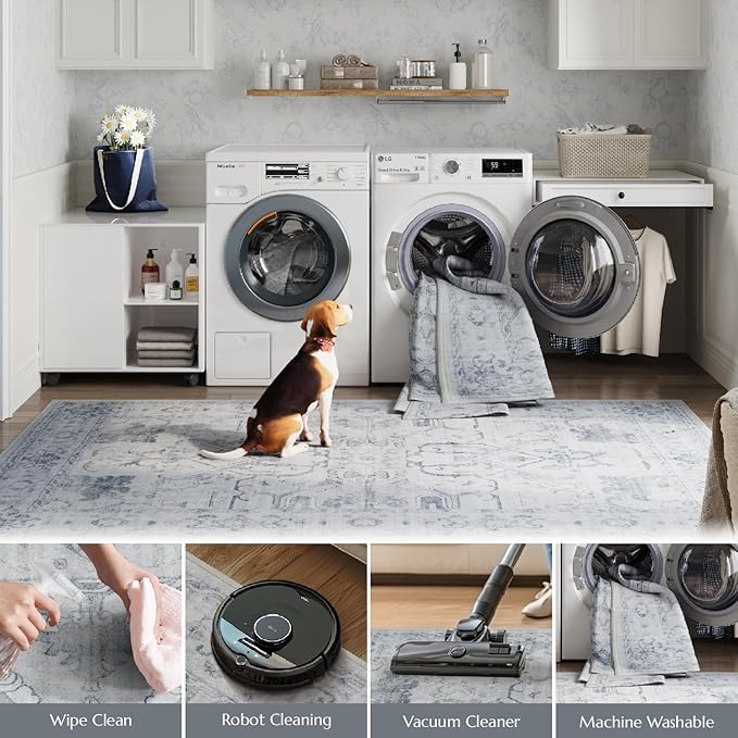 jinchan Hallway Runner Rug 2x8 Machine Washable - Vintage Floral Non-Slip Low-Pile Soft Ultra-Thin Faux Wool Kitchen Rug Distressed Carpet Runner for Farmhouse Bedroom Laundry Room (2x8ft,Grey)