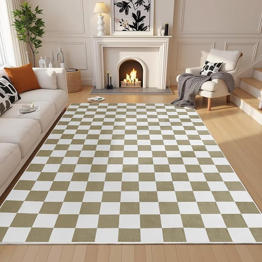 Terrug Beige and White Checkered Rug for Living Room Bedroom, 8x10 Soft Washable Area Rug with Non Slip, Low Pile Stain Resistance Carpet for Kids Room Entryway Kitchen Dorm