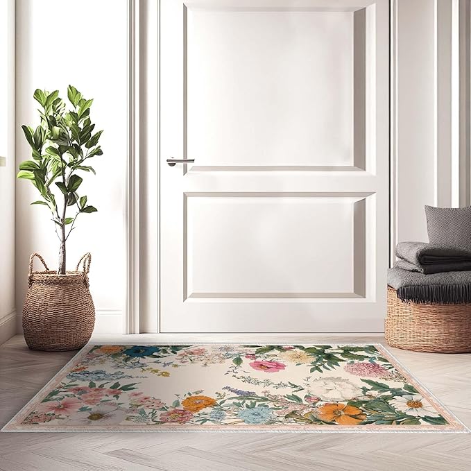 2x3 Entryway Rugs Machine Washable Area Rug Blue Yellow Pink White Floral Boho Botanical Leaf Flower Rug Non-Slip Low Pile Door Mat Entrance Small Carpet for Home Kitchen Bathroom Bedroom