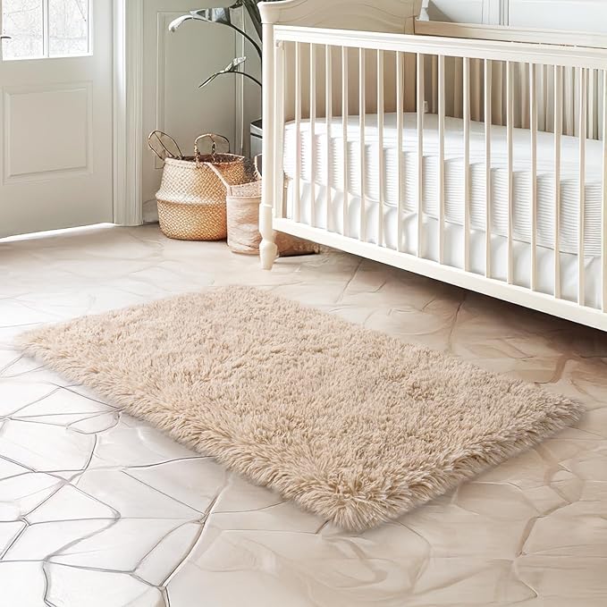 2x3 Rug for Bedroom, Fluffy Area Rugs for Living Room, Small Soft Shag Fuzzy Shaggy Carpets for Kids Boys and Girls Dorm with 4 Non-Slip Rug Tapes for Room Home Decor (2ft x 3ft, Light Tan)