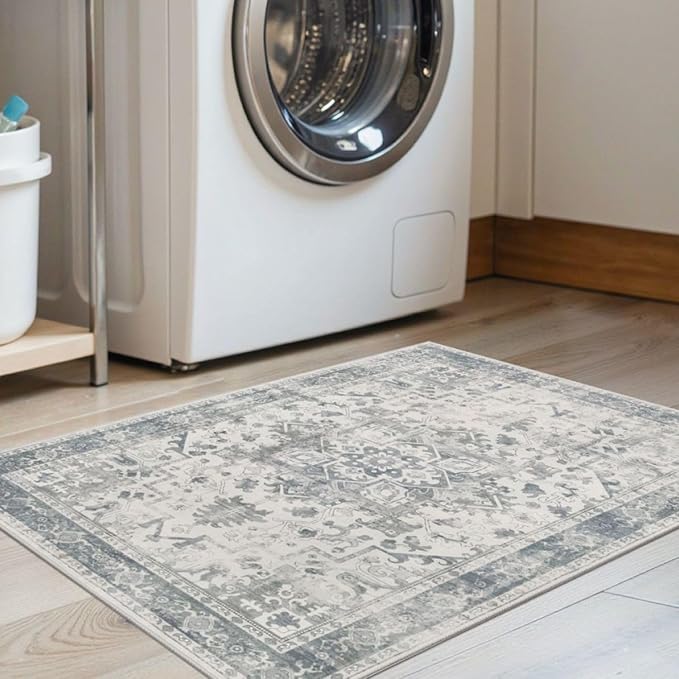 2x3 Door Mat Indoor Entrance, Washable Non Slip Kitchen Bathroom Rugs, Ultra-Thin Throw Small Rug for Front Door/Indoor Entrances, Blue Grey