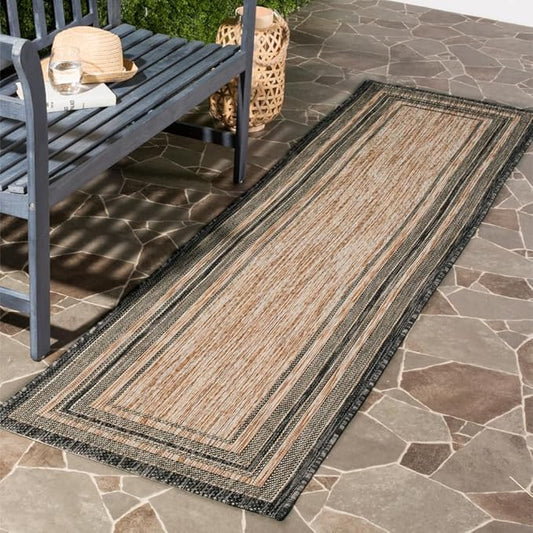SAFAVIEH Courtyard Collection 2'3" x 6'7" Natural / Black CY8475 Indoor-Outdoor Waterproof Easy-Cleaning Patio Backyard Mudroom Runner-Rug