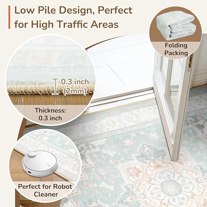 BESTSWEETIE 8x10 Area Rugs for Living Room, Washable Ultra Soft Boho Vintage Print Pattern Rug Non Slip Low Pile Carpet for Dining Room Bedroom Entryway Indoor-Light Blue