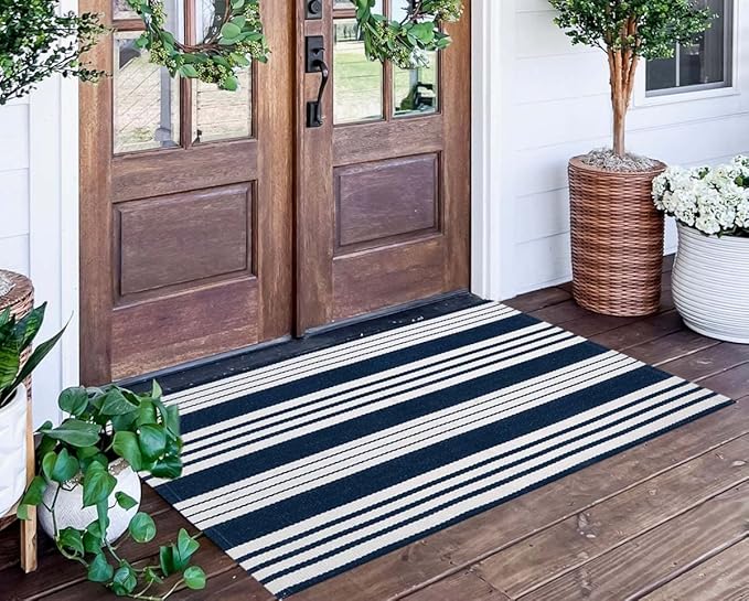 Blue and White Outdoor Rug 24'' x 51''Striped Front Porch Mat Hand-Woven Machine Washable Layered Door Mats for Entryway/Bedroom