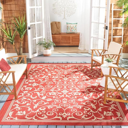 SAFAVIEH Courtyard Collection Area Rug - 9' x 12', Red & Natural, Scroll Design, Non-Shedding & Easy Care, Indoor/Outdoor & Washable-Ideal for Patio, Backyard, Mudroom (CY2098-3707)