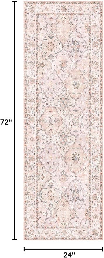 Boho Vintage Area Rugs 2×6 Washable Non-Slip Traditional Pink Runner Rug for Hallway Kitchen Entryway