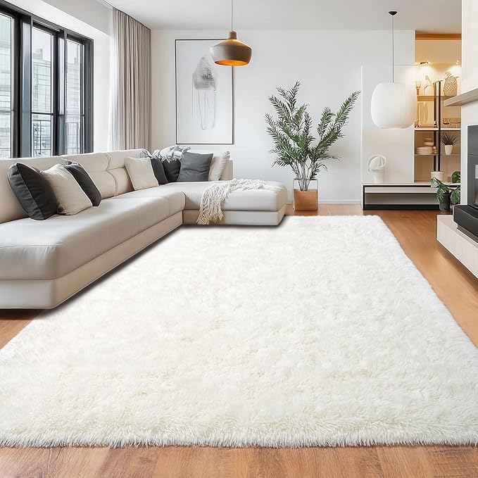 8x10 Area Rugs for Living Room, Ultra Soft Fluffy Shag Floor Carpet, Modern Indoor Plush Fuzzy Rugs for Bedroom Kids Room Nursery Dorm Home Decor Aesthetic, Cream White