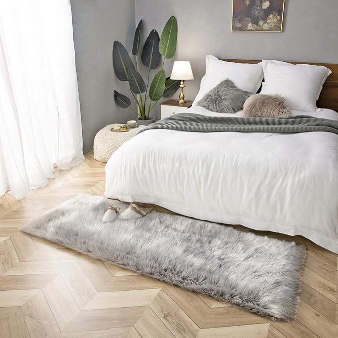 Ashler Faux Fur Rug, Fluffy Shaggy Area Rug, Ultra Soft 2.2 x 6 Feet Rectangle, Grey Fuzzy Machine Washable Shag, Nursery Decor Throw for Bedroom, Kids Room, Living Room