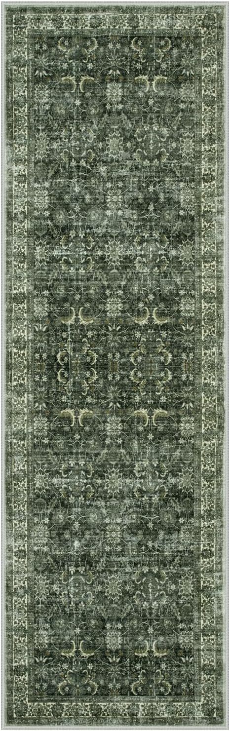 Anidaroel Washable Runner Rug 2.5x8, Green Kitchen Runner Rugs Non Skid Washable 8ft, Vintage Boho Long Hallway Runners Rug, Distressed Soft Bathroom Runner for Laundry Room