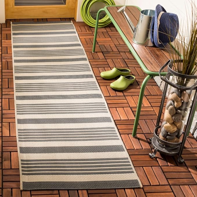 SAFAVIEH Courtyard Collection Runner Rug - 2'3' x 14', Grey & Bone, Stripe Design, Non-Shedding & Easy Care, Indoor/Outdoor & Washable-Ideal for Patio, Backyard, Mudroom (CY6062-236)