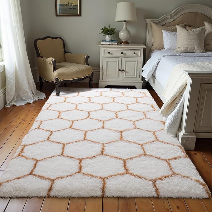 Zentavio Area Rugs for Living Room Rugs for Bedroom 4x6 Carpet Fluffy Fuzzy Soft Shag Aesthetic Plush High Pile Throw Rug for Nursery Kids Room Dorm Honeycomb Khaki