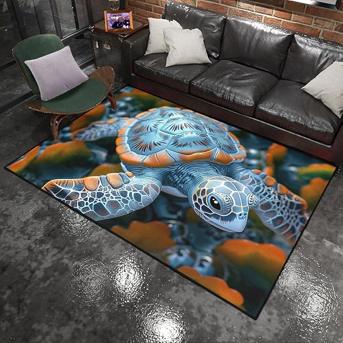 Sea Turtle Coastal Rug - Kids Sea Turtle Rugs for Bedroom Silver Ocean Life Theme Carpet for Living Room Classroom, 70" L x 55" W