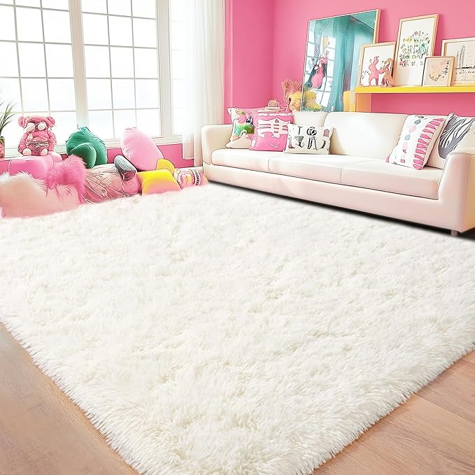 4x6 Cream Rugs for Bedroom, Fluffy Shag Area Rug for Living Room Dorm Nursery Kids Room, Non-Slip Modern Soft Plush Floor Carpets, Home Decor Aesthetic