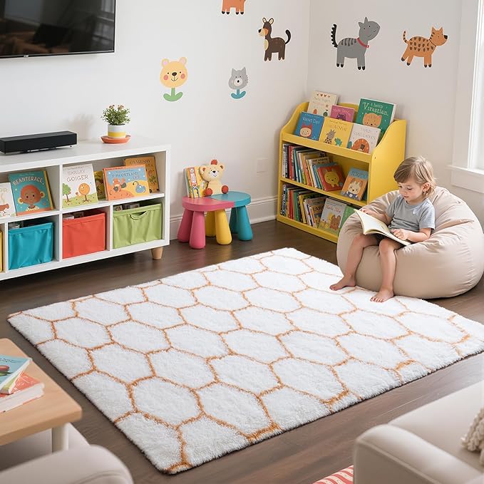 Zentavio Area Rugs for Living Room Rugs for Bedroom 4x6 Carpet Fluffy Fuzzy Soft Shag Aesthetic Plush High Pile Throw Rug for Nursery Kids Room Dorm Honeycomb Khaki