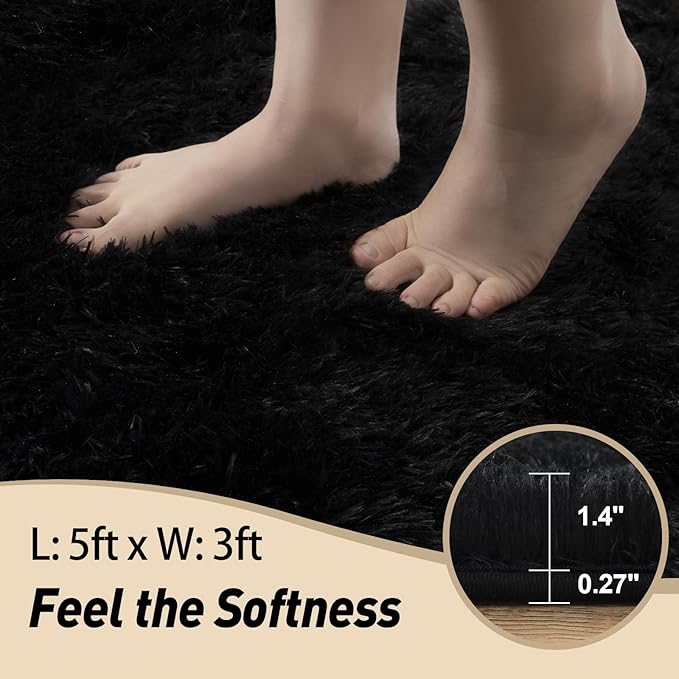 Black Rugs for Bedroom, 3x5 Feet Fluffy Area Rugs for Living Room, Soft Shag Kids Rug Small Carpet with 4 Non-Slip Rug Pads (3ft x 5ft, Black)