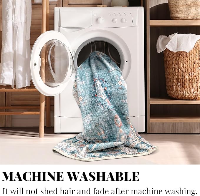 MUJOO 5'x7' Area Rugs Teal Machine Washable Rugs Living Room Rugs Boho Rug for Bedroom Laundry Room Kitchen Non Slip Carpet Abstract Soft Low-Pile Blue Floral