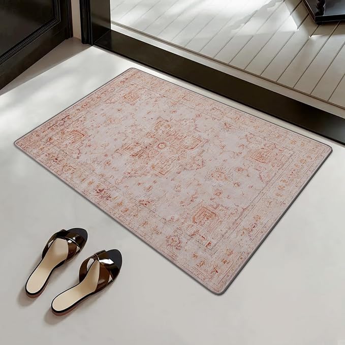 2x3 Small Washable Non-Slip Vintage Chenille Area Rug,Low Pile Distressed Floral Carpet for Entryway Kitchen, Boho Farmhouse Stain Resistant Indoor Rug