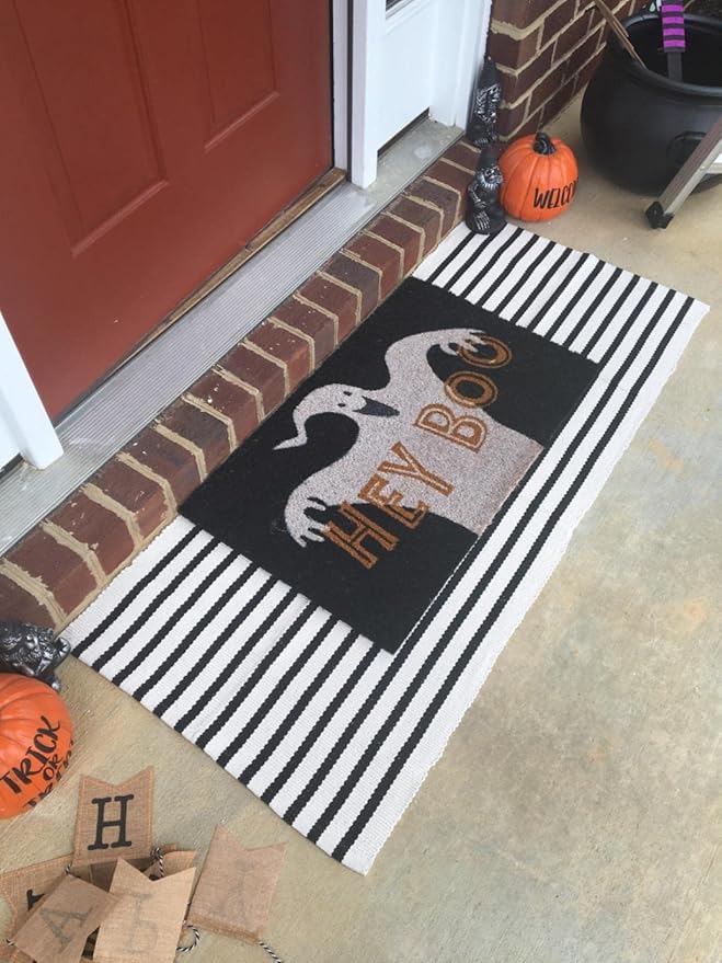Black and White Outdoor Rug 2' x 4.3' Striped Front Porch Rug Hand-Woven Cotton Rug Machine Washable Floor Mat Indoor/Outdoor Area Rug for Layered Door Mats/Farmhouse/Living Room (2' x 4.3')