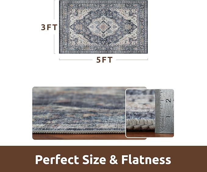 AMOAMI-3X5 Area Rug-Soft Washable Rug for Living Room Bedroom -Non Slip Entryway Rug-Indoor Vintage Throw Rug Accent Rug for Living Room Laundry Room Kitchen Bathroom Bedside Blue
