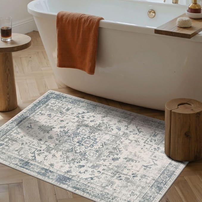 2x3 Door Mat Indoor Entrance, Washable Non Slip Kitchen Bathroom Rugs, Ultra-Thin Throw Small Rug for Front Door/Indoor Entrances, Blue Grey