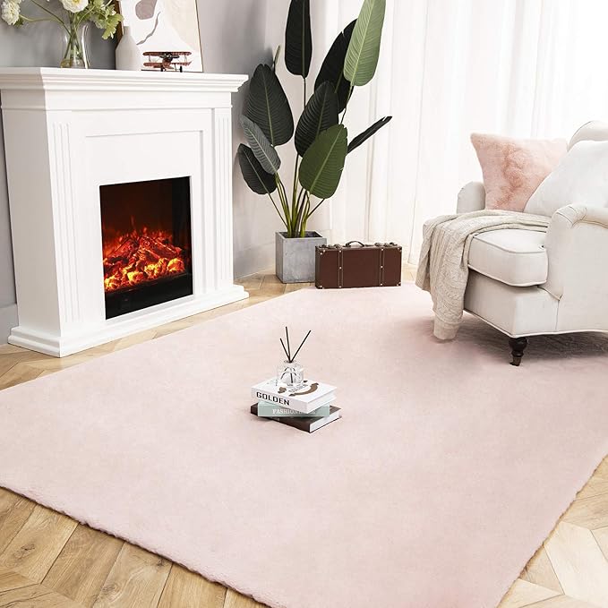 Ashler Faux Fur Rug, Ultra Soft Faux Rabbit Fur, Pink Area Rugs, 6 x 9 Feet Rectangle, Machine Washable Nursery Decor Throw Rugs for Bedroom, Kids Room, Living Room