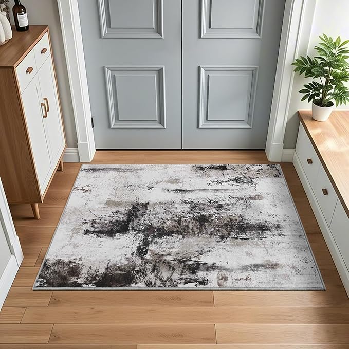2x3 Washable Small Area Rug, Brown Abstract Non-Slip Door Mat, Modern Low Pile Indoor Entryway Rugs, Stain Resistant Throw Carpet for Front Door, Kitchen, Entry, Inside Entrance