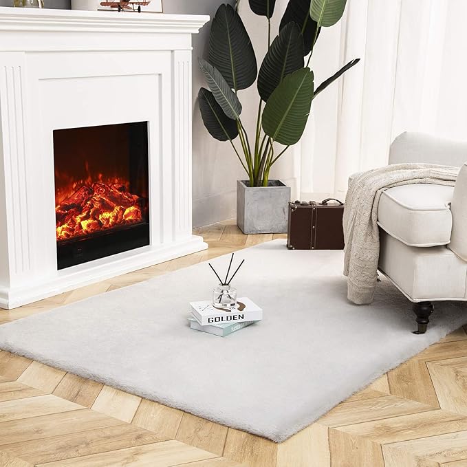 Ashler Faux Fur Rug, Ultra Soft Faux Rabbit Fur, Grey Area Rugs, 4 x 6 Feet Rectangle, Machine Washable Nursery Decor Throw Rugs for Bedroom, Kids Room, Living Room