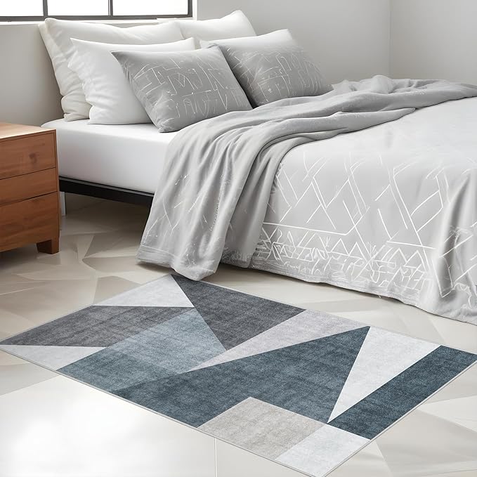 Washable Modern Area Rug: 2x3 Geometric Area Rugs for Entryway Small Mat for Kitchen with Non-Slip Backing Indoor Bedroom Door Mat for Bathroom Floor Blue Grey 2'x3'.