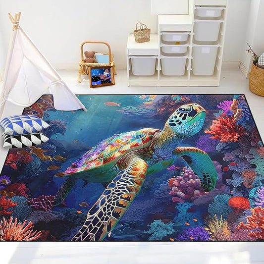 Sea Turtle Area Rug - Sea Turtle Rug for Bedroom Coral Ocean Theme Rugs Ocean Life Decor, 47" L x 39" W