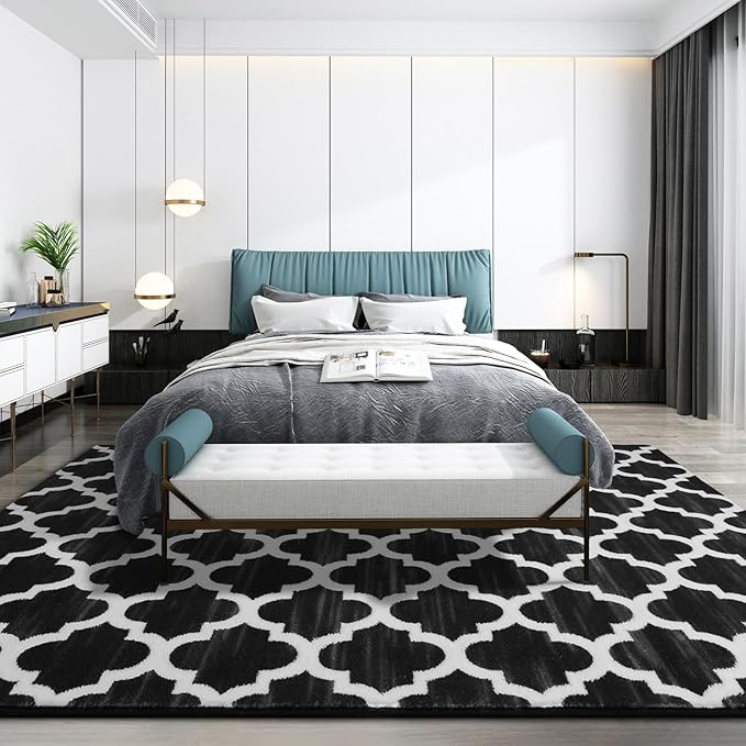 Large 5x8 Geometric Shag Modern Area Rug for Living Room Bedroom, Distressed Moroccan Fluffy Rug Indoor Carpets for Kids Nursery Bedside Room Decor, Memory Foam Soft Shaggy Rugs, Black/White