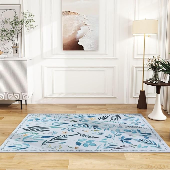 Syalife 3x5 Area Rugs, Non Slip Washable Low Pile Rugs for Living Room, Kitchen, Hallway, Bedroom Bedside, Kids Room, College Dorm (Blue Leafy, 3'x5')