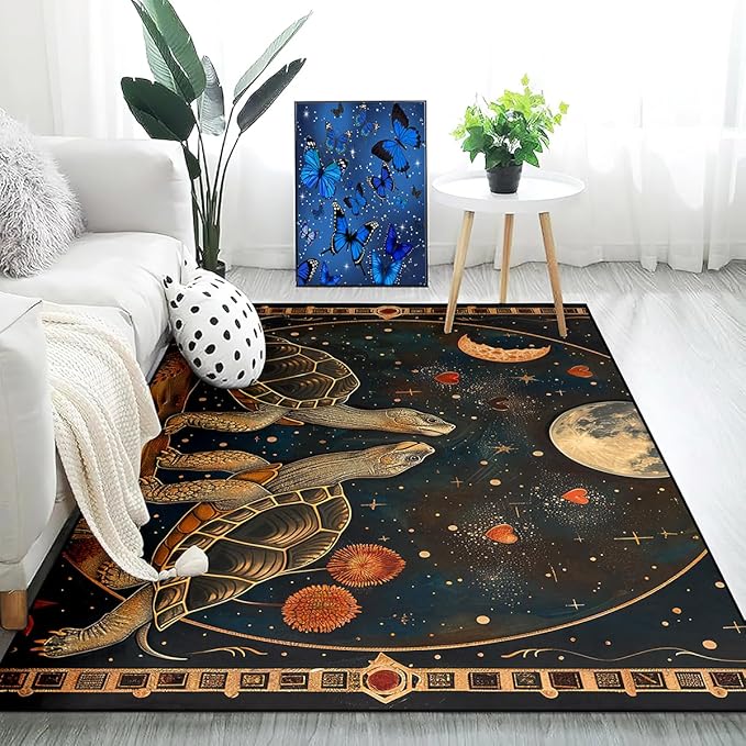 Tortoise Rug for Boys Bedroom - Outer Space Moon Tortoise Rug for Kids Tortoises Theme Rugs, 47" L x 39" W