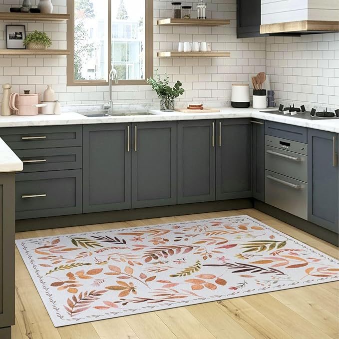Syalife 3x5 Area Rugs, Non Slip Washable Low Pile Rugs for Living Room, Kitchen, Hallway, Bedroom Bedside, Kids Room, College Dorm (Orange Leafy, 3'x5')