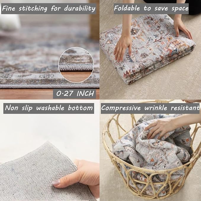 2x3 Washable Area Rug Door Mat Vintage Distressed Tangerine Taupe Rug Doormat Indoor Entrance Thin Rug Floral Print Non Slip Carpet Kitchen Bathroom Bedroom Living Room