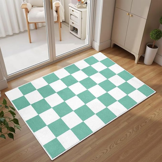 Terrug Green and White Small Checkered Rug for Bedroom, 2x3 Soft Washable Rug with Non Slip Backing, Low Pile Throw Carpet for Entryway Hallway Kitchen Laundry Room