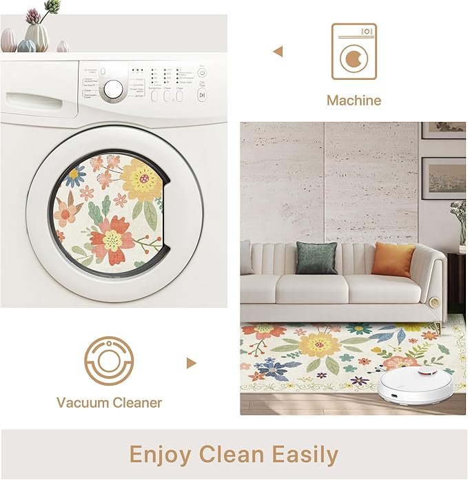 Bavni 4x6 Rugs for Living Room, Lightweight Machine Washable Non Slip Area Rug, Foldable Floral Rugs for Bedroom Dining Room Kids Room, Ultra-Thin Aesthetic Boho Soft White