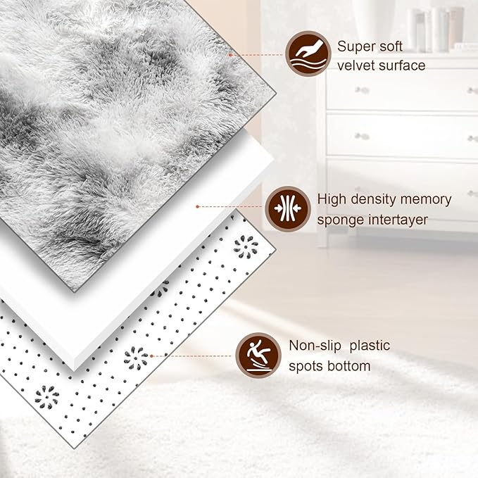 TWINNIS Super Soft Shaggy Rugs Fluffy Carpets 7x10 Feet, Indoor Modern Plush Area Rugs for Living Room Bedroom Kids Room Nursery Home Decor, Upgrade Anti-Skid Fuzzy Rug, Grey and White