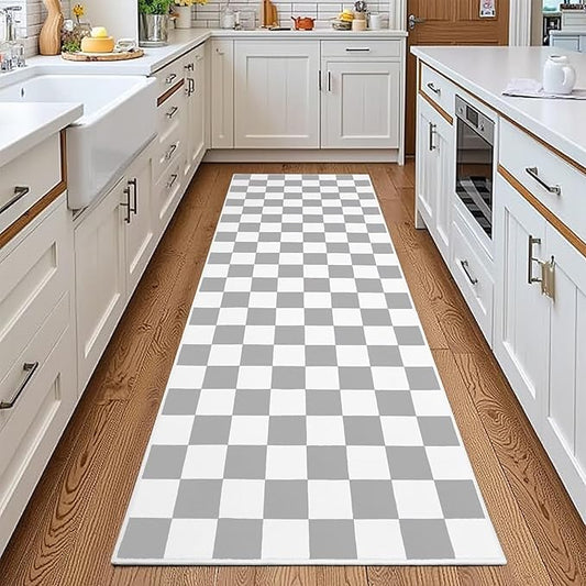 Terrug Grey and White Checkered Runner Rug for Bedroom, 2x6 Soft Washable Rug with Non Slip, Low Pile Stain Resistance Carpet for Entryway Hallway Kitchen Laundry Living Room