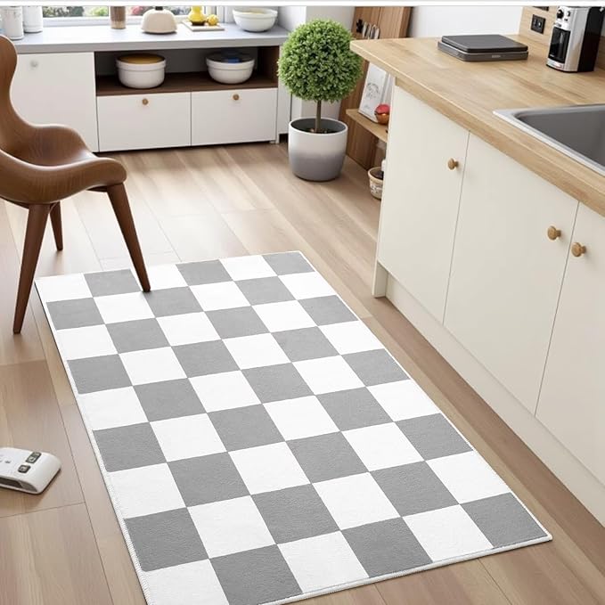 Terrug Grey and White Small Checkered Rug for Bedroom, 2x3 Soft Washable Rug with Non Slip Backing, Low Pile Throw Carpet for Entryway Hallway Kitchen Laundry Room