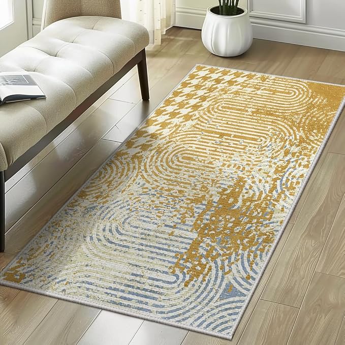 Bavni Area Rug 3X5, Non Slip Washable Rug, Aesthetic Modern Abstract Rugs for Living Room, Durable Rugs for Bedroom, Non Shedding Rug (Yellow Blue)