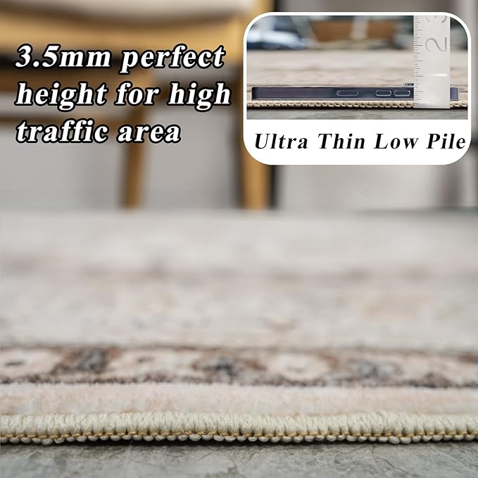 10x10 Rug Square Living Room, Bedroom Washable 10ft Square Soft Distressed Oriental Area Rugs Non Slip Backing Farmhouse Rug Low Pile Thin Stain Resistant Indoor Carpets, 10ft Ivory/Multi