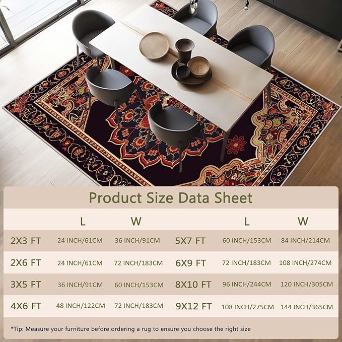 2x3 Entryway Rug Boho Black Red Vintage Oriental Area Rug Ultra-Thin Soft Small Carpet Bathroom Non Slip Indoor Entrance Low Pile Door Mat Kitchen Stain Resistant Washable Machine