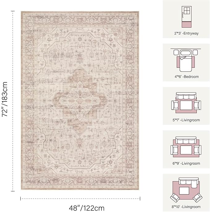 4x6 Washable Area Rug for Living Room & Bedroom, Soft Pink Rugs for Girls Women, Non Slip, Durable Low Pile Carpet, Vintage Carpets for Office, Dining Room, Kids Room and Farmhouse