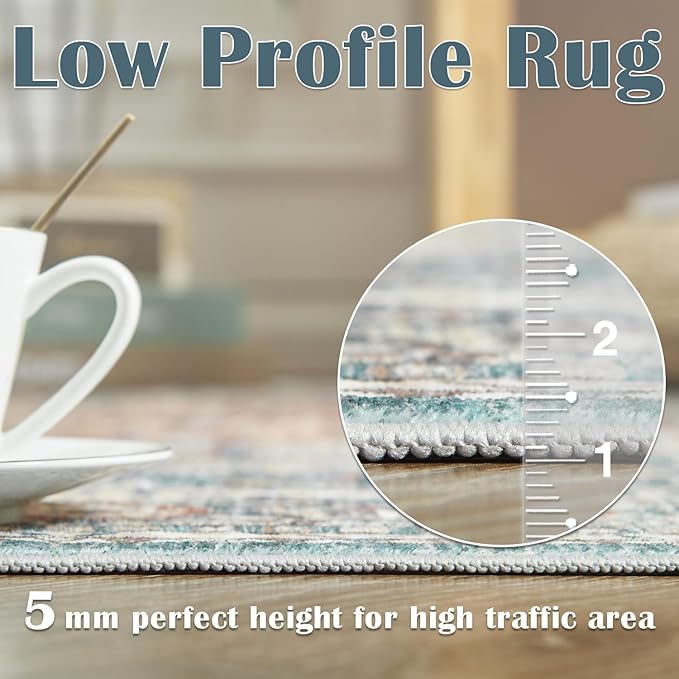 jinchan Runner Rug 2x5 Washable Hallway Rug Indoor Non Slip Blue Brown Vintage Laundry Room Mat Print Retro Distressed Soft Thin Accent Carpet for Bedroom Kitchen
