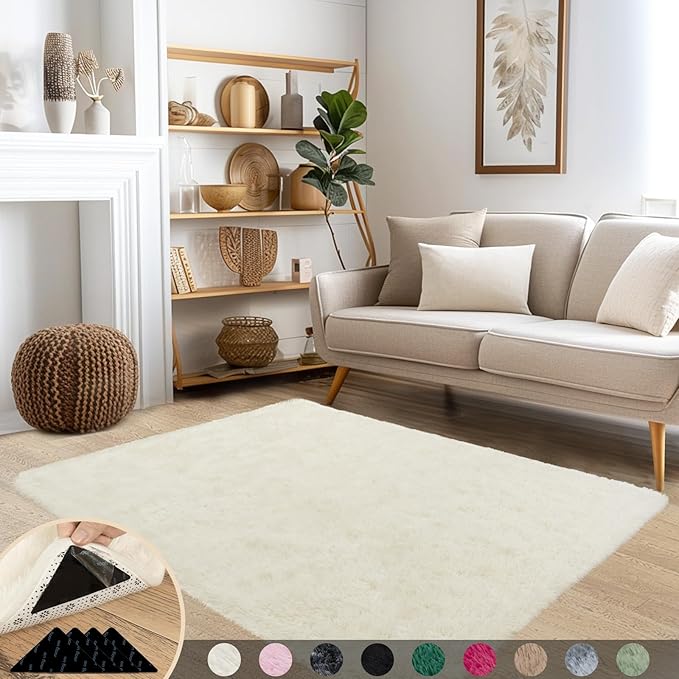 3x5 Rugs for Bedroom, Large Fluffy Cream White Area Rugs for Living Room, Soft Shag Kids Rug Small Carpet with 4 Non-Slip Rug Pads (3ft x 5ft, Cream White)