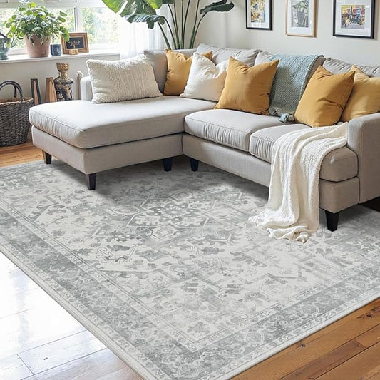 4x6 Washable Area Rug for Living Room, Neutral Vintage Boho Rugs for Office, Dining Room, Kids Room, Farmhouse, Durable Low Pile Non Slip Carpet for High Traffic Areas, Light Grey
