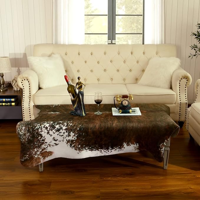 BENRON Faux Cowhide Rug, Western Cow Hide Rugs for Living Room Bedroom Home Decor, Non Slip Cute Rug with Irregular Animal Skins and Hides, Olive Green, 4.6 x 5.2ft